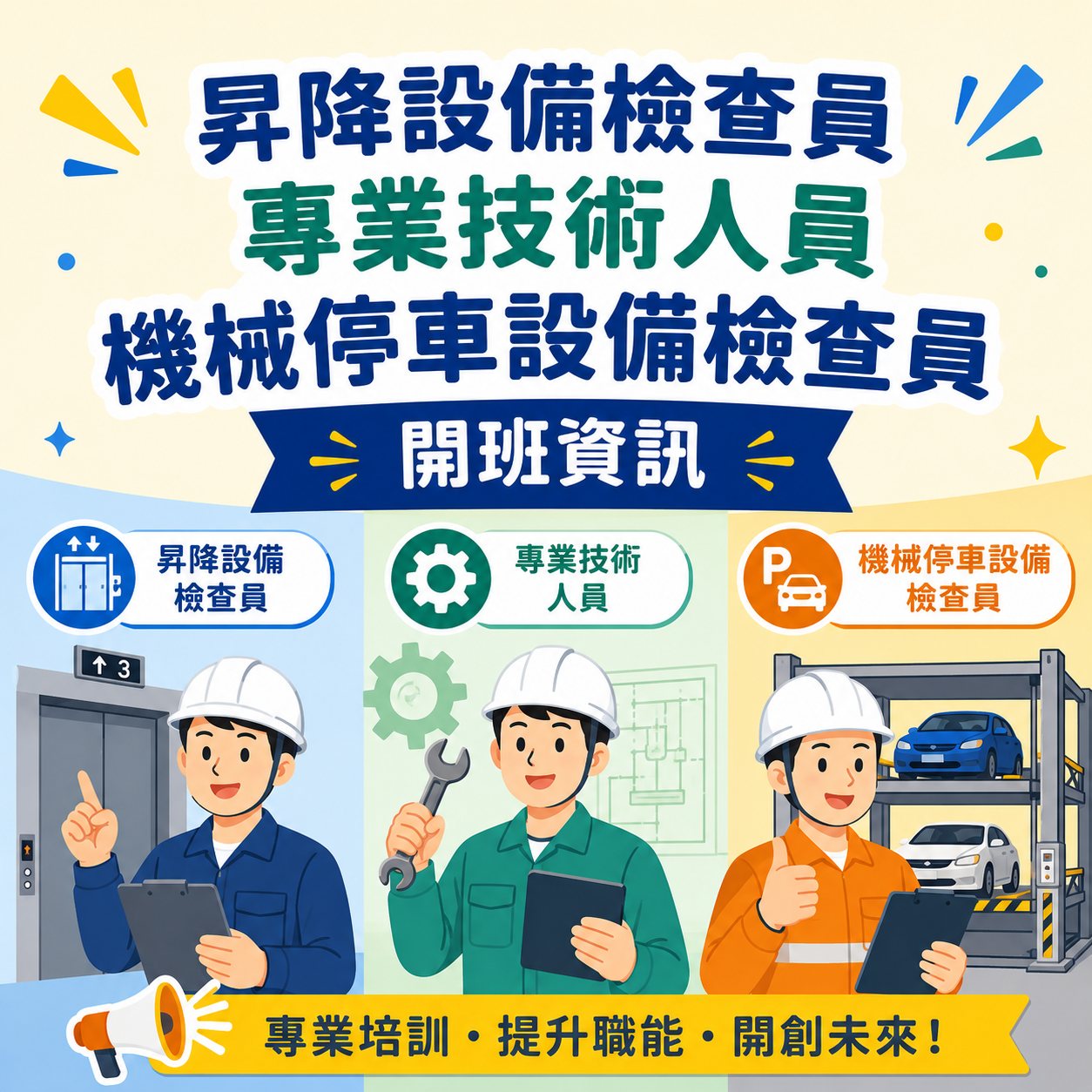 昇降設備檢查員、專業技術人員、機械停車設備檢查員開班資訊(115/04/24更新)